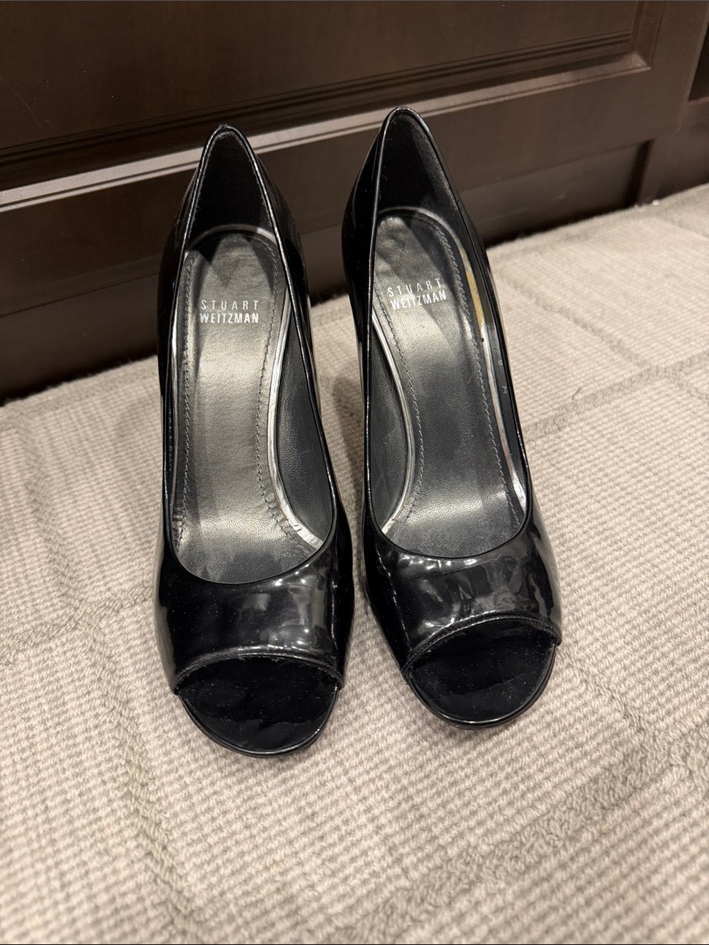 Stuart Weitzman Black Patent Peep Toe Heels